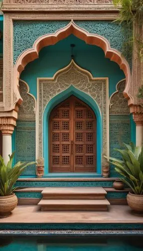 Modern Indian architecture, building facade, intricate carvings, ornate details, grand entrance, symmetrical composition, vibrant colors, Hindu-inspired motifs, arched windows, domed roofs, lush green