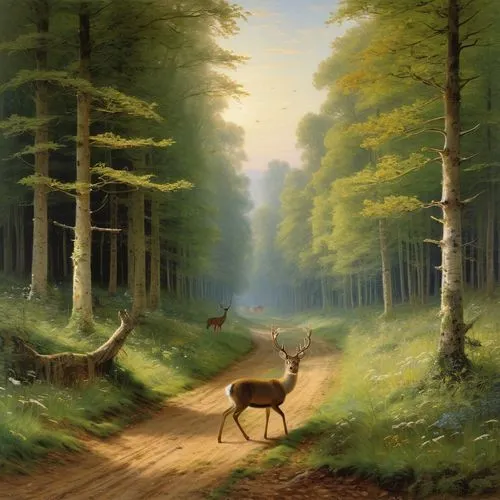 forest landscape,forest road,forest path,hunting scene,forest animals,rousseau,Art,Classical Oil Painting,Classical Oil Painting 13