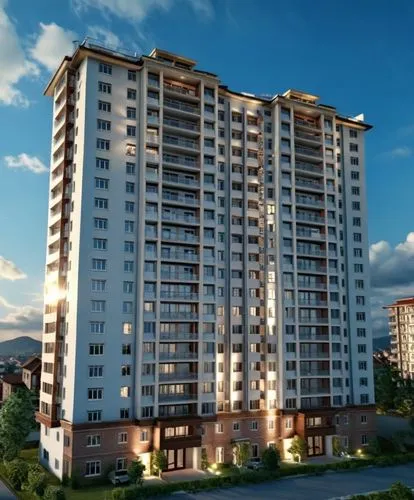 a rendering or painting of a very tall building at dusk,vladikavkaz,residential tower,zelenograd,krasnaya polyana,condominia,evagora,koltsovo,balashikha,condominiums,svetlogorsk,inmobiliaria,appartmen