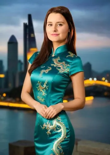 A young woman wearing a cheongsam dress

She is facing the camera, Her body is facing the camera, her chest is facing the camera, her waist is facing the camera, her neck is short, her back is round, 