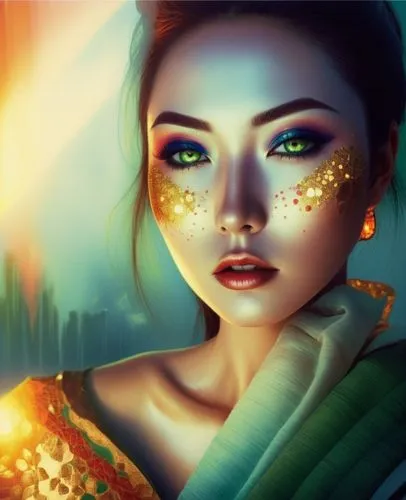 An amazing nude japanese young woman  with red lips and green eyes
,woman with golden glitter on her face,lumidee,chryste,fantasy portrait,world digital painting,fantasy art,transistor,Illustration,Re