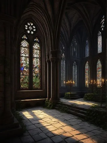 cathedral,sanctuary,morning light,light rays,gothic church,stained glass windows,cathedrals,sunrays,cloisters,nidaros cathedral,cryengine,cloister,illumination,transept,sun rays,kirkhope,hours of light,medieval,labyrinthian,god rays,Art,Classical Oil Painting,Classical Oil Painting 22