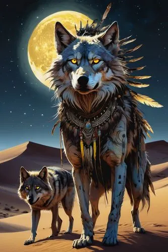 Navajo skinwalker, mystical creature, wolf-like features, glowing yellow eyes, sharp claws, furry body, tribal tattoos, feathered headdress, desert landscape, full moon, starry night sky, sand dunes, 