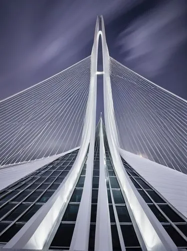 Santiago Calatrava architecture style, futuristic, white concrete, curvaceous lines, sleek, modern, urban, cityscape, skyscraper, museum, opera house, suspension bridge, angular shapes, geometric patt