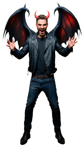 Male devil, red skin, horns, beard, evil smile, pointed ears, wings spread wide, black leather jacket, ripped jeans, hellish flames, dark smoke, low-angle shot, dramatic lighting, intense gaze, 3/4 co