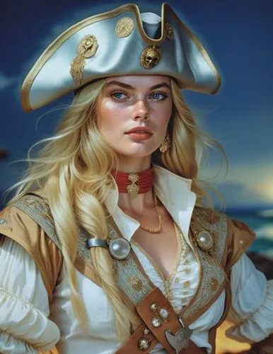 a woman wearing a pirate hat, charlie bowater character art, treasure island, it is the captain of a crew, black and white coloring, drawn in the style of mark arian, portrait of margot robbie, unused