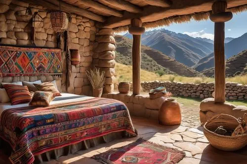 Inca-inspired llama stable, Andes mountain range, rustic stone walls, wooden beams, terra cotta roof tiles, vibrant colorful textiles, woven baskets, llama feeding trough, hay bundles, South American 