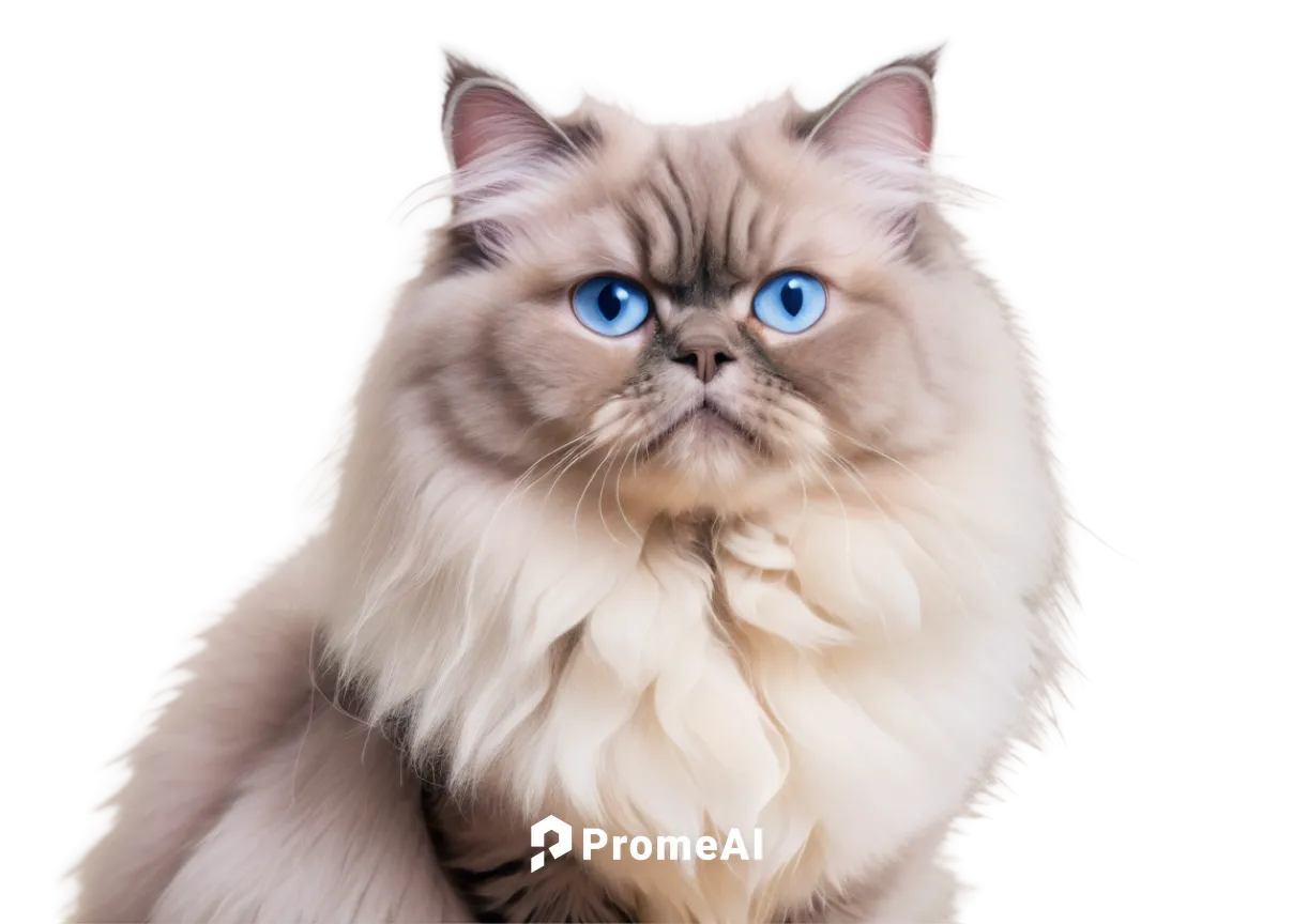 Blue Point Persian cat, fluffy fur, bright blue eyes, pink nose, cute whiskers, curly ears, sitting pose, soft focus, warm lighting, shallow depth of field, 3/4 composition, furry texture, gentle expr