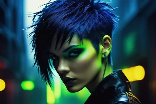 mohawk hairstyle,mohawk,punk design,goth woman,neon makeup,cyberpunk,asymmetric cut,blue hair,punk,birds of prey-night,goth subculture,gentiana,trend color,mean bluish,neon lights,neon light,photoshop manipulation,widowmaker,streampunk,electric blue,Illustration,Realistic Fantasy,Realistic Fantasy 29