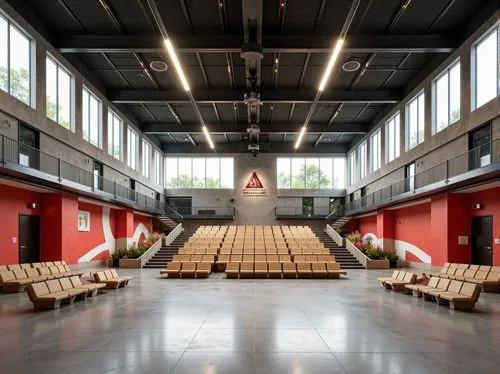 Geometric auditorium, minimalist seating, industrial lighting fixtures, exposed ductwork, polished concrete floors, steel beams, functionalist architecture, rectangular shapes, primary color accents, 