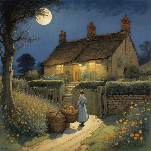 kate greenaway,country cottage,cottage garden,night scene,vincent van gough,the girl in nightie,the early gooseberry,francis barlow,moonlit night,cottages,george russell,thatched cottage,children's fairy tale,james handley,cottage,vintage illustration,carol colman,england,old country roses,lincoln's cottage,Illustration,American Style,American Style 09