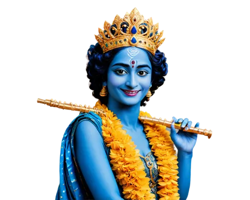 Lord Sri Krishna, Hindu deity, blue skin, crown, peacock feather, flute, yellow garment, golden ornaments, smiling face, gentle eyes, soft focus, warm lighting, cinematic composition, shallow depth of