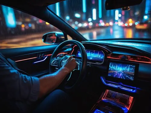 Modern futuristic dashboard, sleek design, glowing blue lights, high-tech screens, intricate buttons, leather seats, metallic trim, driver's hands on steering wheel, focused expression, cityscape at n