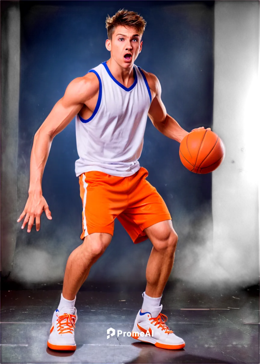 Young muscular man, basketball player, dynamic pose, sweat dripping, messy short hair, intense facial expression, athletic build, broad shoulders, strong legs, white jersey, orange shorts, sneakers, d