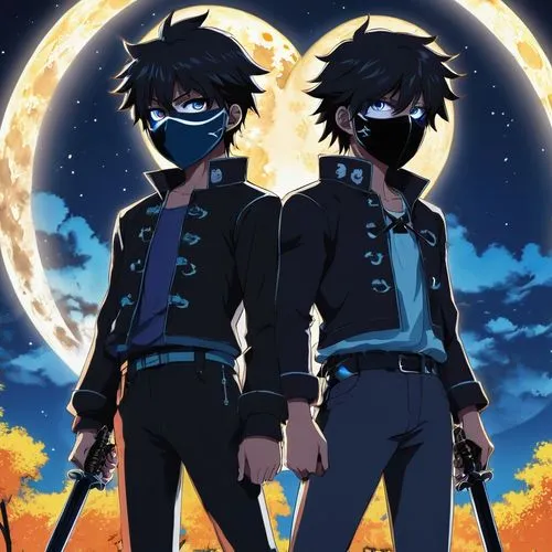 sarumi,vongola,couple silhouette,double sun,dramatical,nightshades,navigators,garrison,moonlighters,swordsmen,blindfolds,kurusu,okumura,duelists,blindfold,robbers,dark blue sky,akaishi,guren,johjima,Illustration,Japanese style,Japanese Style 03