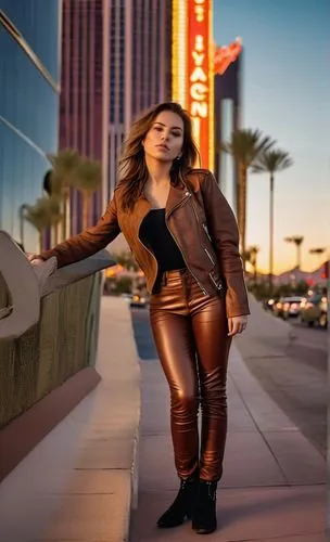 a photography full body of a caucasian girl 25 years old, brown hair wearing a brown leather jacket whit out pants stand up in the street at sunset in Las Vegas cityi as background in 4k,vegas,leather