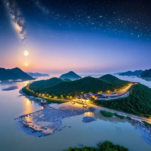 japan's three great night views,namhae,tongyeong,south korea,yangshao,yeosu,chinhae,tailandia,japan landscape,haicang,moonlit night,kadoorie,vietnam,danyang eight scenic,ninh,lantau island,halong,huangshan,beautiful landscape,qinshan,Unique,Design,Sticker