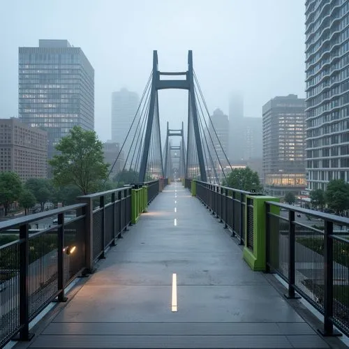 Pedestrian bridge, modern urban infrastructure, sleek metal railings, durable concrete foundations, vibrant green accents, safety LED lighting, misty morning atmosphere, soft natural textures, subtle 