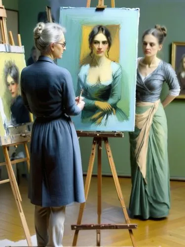 The picture shows Franz Lehnbach from behind in the foreground, painting at an easel. On the easel is a half-finished portrait of Anna Schäffer. In the background, slightly offset to the right, Anna S