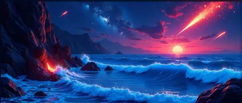 tidal wave,starwave,fantasy landscape,ocean background,dark beach,fantasy picture