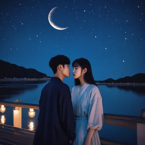 romantic scene,kdrama,kimjongilia,korean drama,the moon and the stars,romantic night,moon and star,moon night,honeymoon,romantic portrait,night scene,moon and star background,moonlit night,world digital painting,sea night,moonlight,romantic meeting,clear night,mid-autumn festival,digital painting,Art,Artistic Painting,Artistic Painting 28