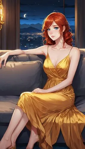 sad beatiful woman, 25 years old, redhair, blue eyes wearing a golden long dress sitting in a gray couch. Charming anime carachters captivate viewers with their ethereal beauty. night time, expressive