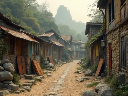 Weathered stone walls, rustic wooden planks, distressed metal sheets, corrugated iron roofs, rough-hewn boulders, moss-covered stones, lichen-encrusted rocks, sandy dunes, peeling paint, faded signs, 