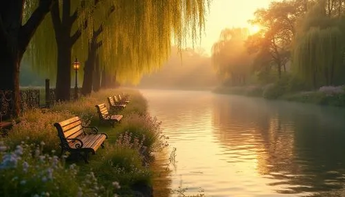 Elegant riverbank, classicism style, serene atmosphere, golden sunset, warm light, gentle ripples on water surface, weeping willows, blooming wildflowers in pastel colors, vintage wooden benches, intr