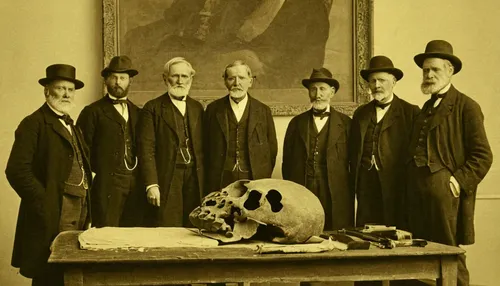 Group portrait of the Piltdown skull being examined. Painted by John Cooke in 1915. Back row: (left to right) F. O. Barlow, G. Elliot Smith, Charles Dawson, Arthur Smith Woodward. Front row: A. S. Und