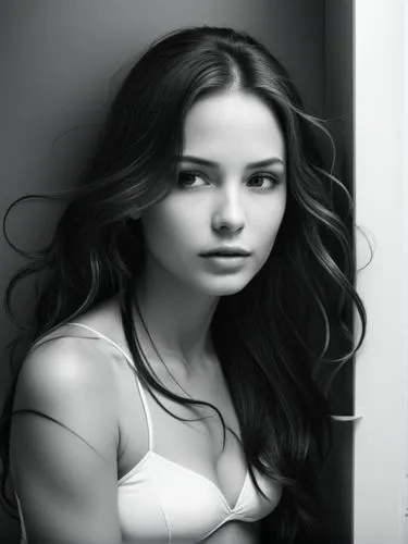 b&w photo: Lengthen her hair.,black and white po of woman with shoulder  ,daveigh,esme,young woman,kreuk,tamannaah,beautiful young woman,Photography,Black and white photography,Black and White Photogr