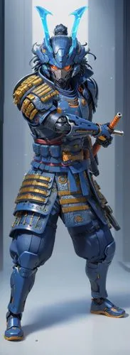 a samurai who has a bug-like parasite on his head,a person standing in front of a blue background wearing armor,xiahou,oroku,yoshimitsu,rein,garrison,masamune,jebtsundamba,samurai,toshimitsu,longmei,k