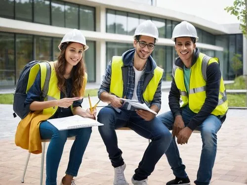 Architecture students, university campus, modern building, group of 3-4 people, mixed gender, casual wear, jeans, T-shirts, hoodies, sneakers, backpacks, laptops, drawing boards, pens, pencils, measur