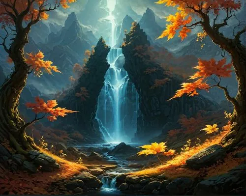 fantasy landscape,fantasy picture,autumn background,autumn mountains,fall landscape,waterfall,bridal veil fall,autumn forest,autumn landscape,water fall,brown waterfall,forest landscape,waterfalls,ash falls,nature background,trickling,bridalveil,cascade,beautiful wallpaper,cascada