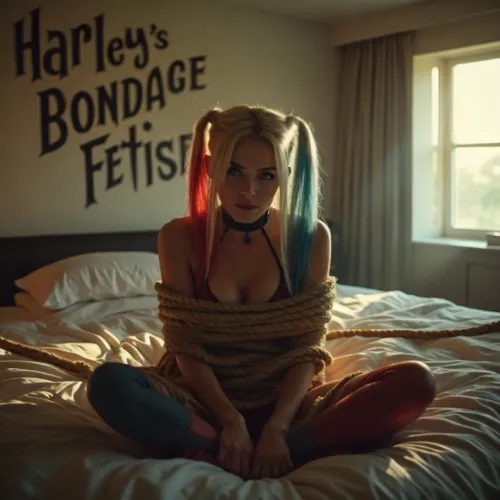 Harley Quinn struggles against her ropes,this po appears to be very good for an ad,harley quinn,harley,hayley,girl in bed,bednets,hard candy