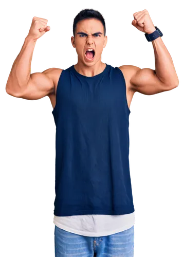 Young adult male, aggressive facial expression, shouting with open mouth, short black hair, messy eyebrows, strong muscles, white tank top, blue jeans, sneakers, dynamic pose, throwing fists, intense 