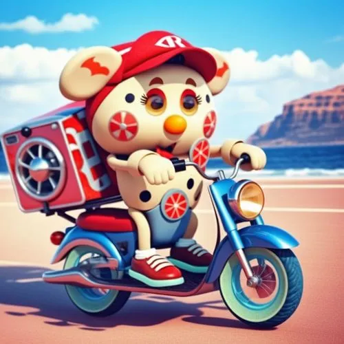 a teddy bear on a scooter with a radio in the back,lammy,tour de france,tricycles,dovizioso,cyclecars,simoncelli,Photography,General,Realistic