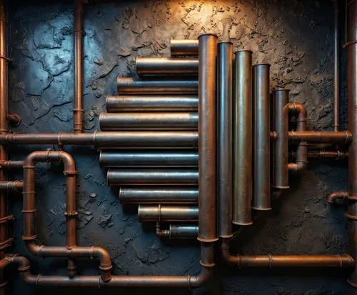 A wall art made with metal pipes ,several pipes in an industrial building are shown,pipework,pipes,pipe work,conduits,precipitators,engine room,Photography,General,Fantasy