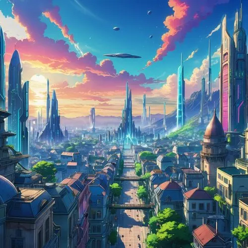 fantasy city,coruscant,planetaria,citadels,futuristic landscape,skyreach,sky city,homeworld,cityscape,colorful city,fantasy world,reichstadt,aquarion,kawamori,cityview,cloudstreet,dream world,cybercity,city skyline,city view,Illustration,Japanese style,Japanese Style 03