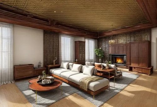 Living room with windows,japanese-style room,billiard room,luxury home interior,sitting room,patterned wood decoration,living room,hardwood floors,livingroom,great room,danish room,3d rendering,wood f