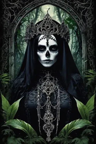 Death in the jungle,a woman with black face makeup in the forest,day of the dead frame,calavera,la calavera catrina,boho skull,floral skull,lacrimosa,gothic portrait,skull with crown,death god,day of 