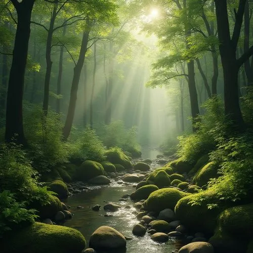 Moss green, calming atmosphere, natural scenery, forest floor, dense foliage, misty morning, soft sunlight filtering through trees, moss-covered ancient stones, peaceful water stream, rounded rocks, f