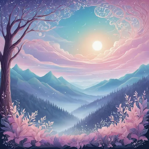 landscape background,purple landscape,forest background,fantasy landscape,mountain landscape,dusk background,forest landscape,winter background,mountain scene,salt meadow landscape,moon and star background,mountainous landscape,unicorn background,background vector,winter landscape,fairy forest,mushroom landscape,fairy world,nature landscape,mountain meadow,Illustration,Realistic Fantasy,Realistic Fantasy 45