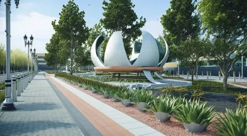 An Architectural rendering of A street with sculptural park to the right,the view of an art museum on a sunny day,k13 submarine memorial park,3d rendering,dilmun,uanl,kangla,esplanades,Photography,Gen