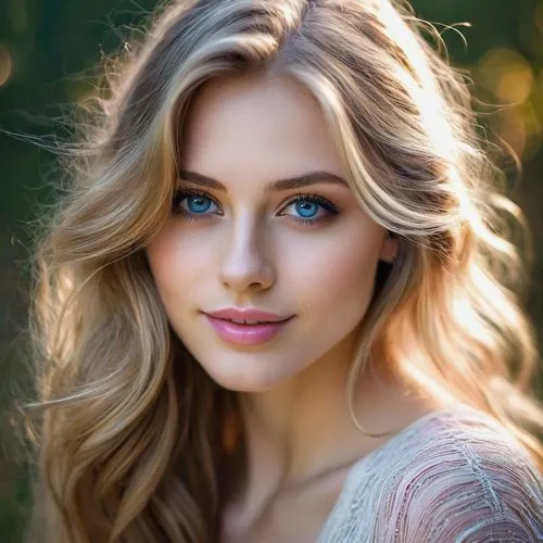 stunningly beautiful young woman with sparkling blue eyes and very long flowing light brown hair with blonde highlights, gazing at the camera pensively, enigmatic smile, smoky eyes, pink/red lips, bux