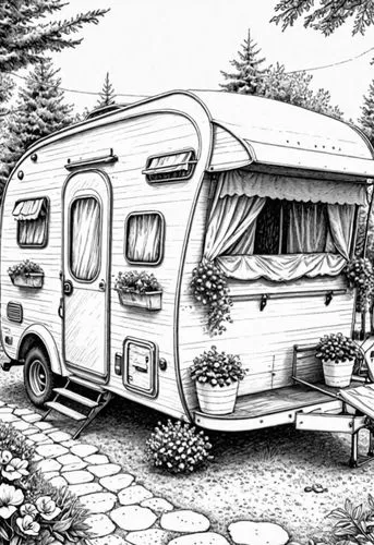 a black and white drawing of a gnome in a field,airstreams,airstream,small camper,travel trailer poster,travel trailer,campervan,Design Sketch,Design Sketch,Detailed Outline