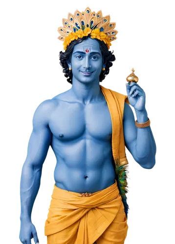 Hindu god Krishna, standing, blue skin, yellow dhoti, peacock feather crown, golden earrings, tilaka on forehead, serene facial expression, gentle smile, flute in hand, lotus flower at feet, soft focu