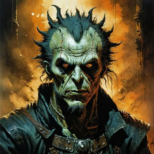 the evil man has green hair and horns,kurgan,mordenkainen,hag,frankenstein,morbius,halloween frankenstein,Illustration,Realistic Fantasy,Realistic Fantasy 06