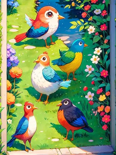 Freak and funny watercolor birds,garden birds,blue birds and blossom,bird painting,floral and bird frame,flower and bird illustration,chicken coop door,colorful birds,bird bird kingdom,small birds,sho