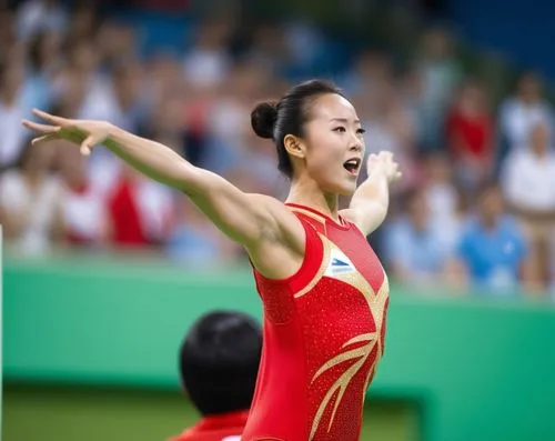 一名兴奋的中国女运动员在奥运会室内运动场蹦床动作，嘴巴大张，处于终点线上呐喊，表情兴奋激动，她的表情展现出决心。身着红色体操服。背景是坐满人群的看台上欢呼的观众。全身高清摄影风格拍摄。背景是绿草地和晴朗蓝天，营造出强烈的深度和透视感。

,yuhui,su yan,yunlei,hsieh,yuzhang,jiaqi,jianqiang,yihui,ganyu,zhiyuan,yuhara,ngu