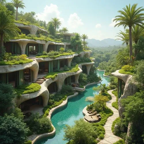 dorne,amanresorts,ecotopia,futuristic landscape,terraformed,tropical island,paradisus,paradis,landscaped,tropical house,shangri,summerland,luxury property,rivendell,resort,oasis,tropical jungle,anantara,terraces,imperial shores,Photography,General,Realistic